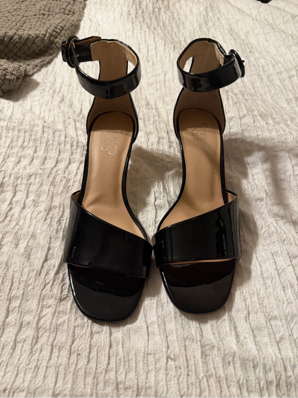 Franco Sarto Black Patent Ankle-Strap Block Heel Sandals -